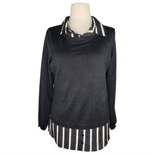 Adrianna Papell Black Layered Look Knit Blouse Sweater Top Striped Hem L